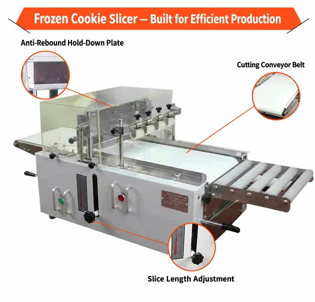 Frozen cookie slicer key components including anti-rebound hold-down plate and cutting conveyor belt