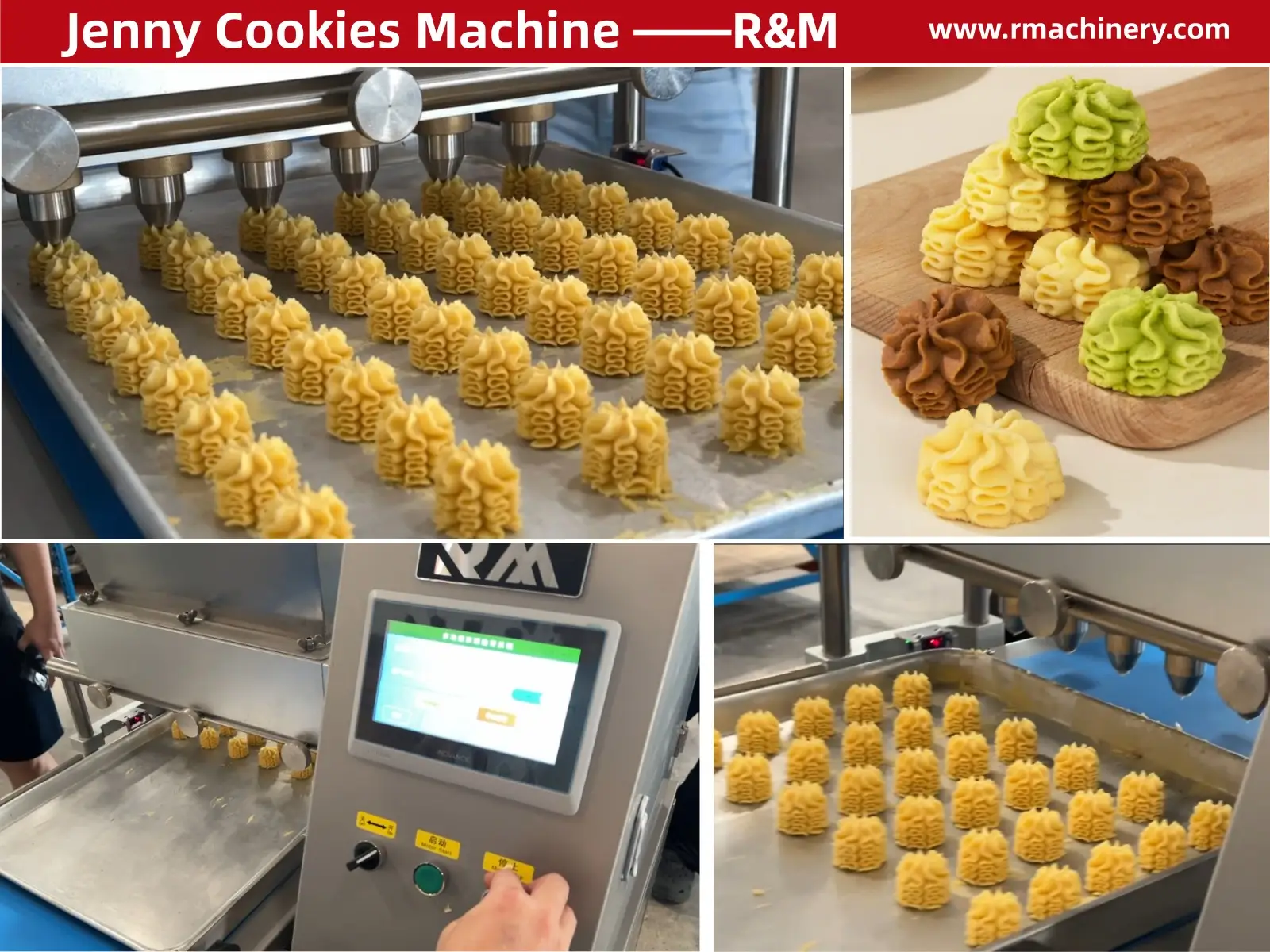 R&M Jenny cookie machine producing high-relief butter cookies and Danish swirl cookies