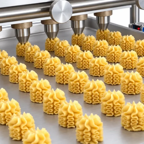 Jenny cookies machine depositing 3D butter cookie dough onto a baking tray on the conveyor belt