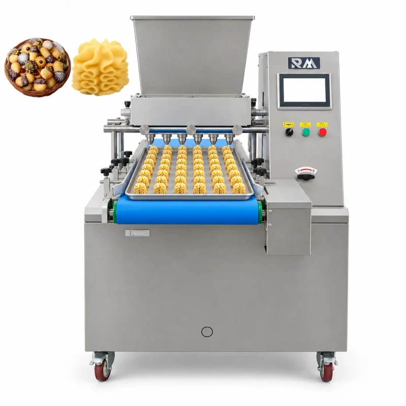 Jenny cookies machine with rotating nozzle head depositing 3D butter cookies onto trays