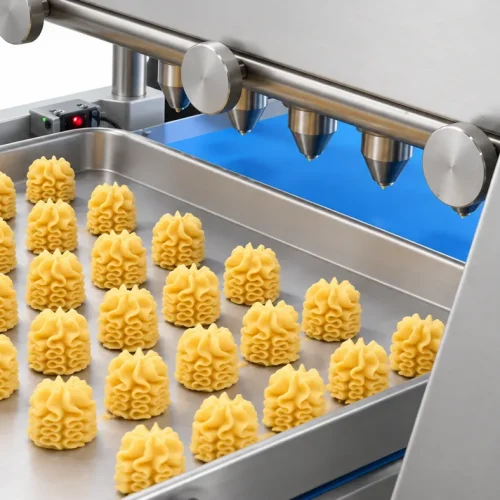 Close-up of the Jenny cookies machine nozzle head extruding high-relief 3D cookie dough onto a tray