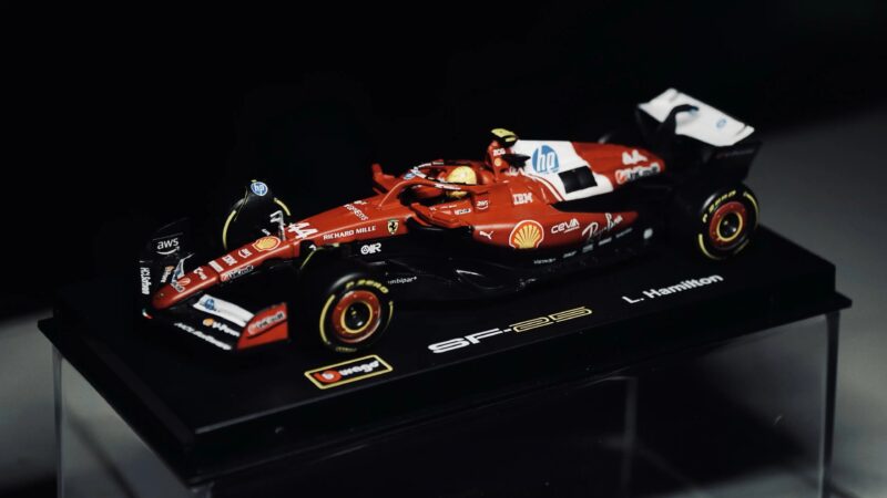 1‑43 Bburago SF25 open‑wheel racing replica overall angle view