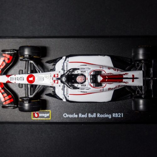 Top‑down view of Bburago 1‑43 RB21 open‑wheel racing die‑cast replica