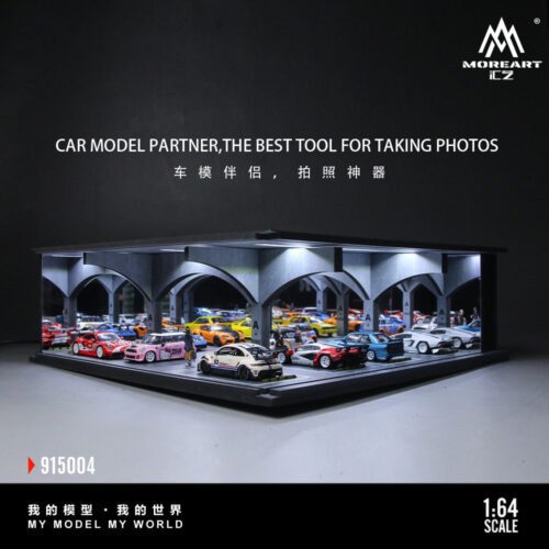 Full scene display of MoreArt underground garage diorama with LED light effect