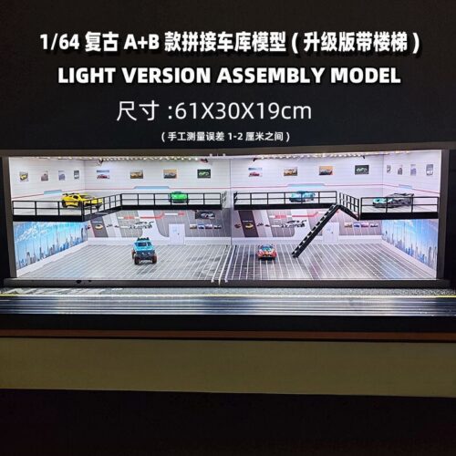 Multi-angle full scene presentation of 1:64 diecast car model display showroom diorama