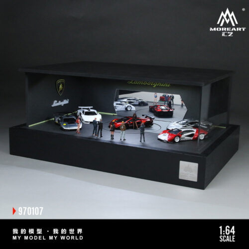 Side perspective shot of complete MoreArt 1‑64 showroom scene diorama
