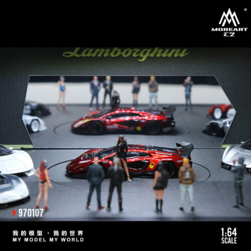 Interior scene detail of 1/64 rotating exhibition booth diorama with mini figures