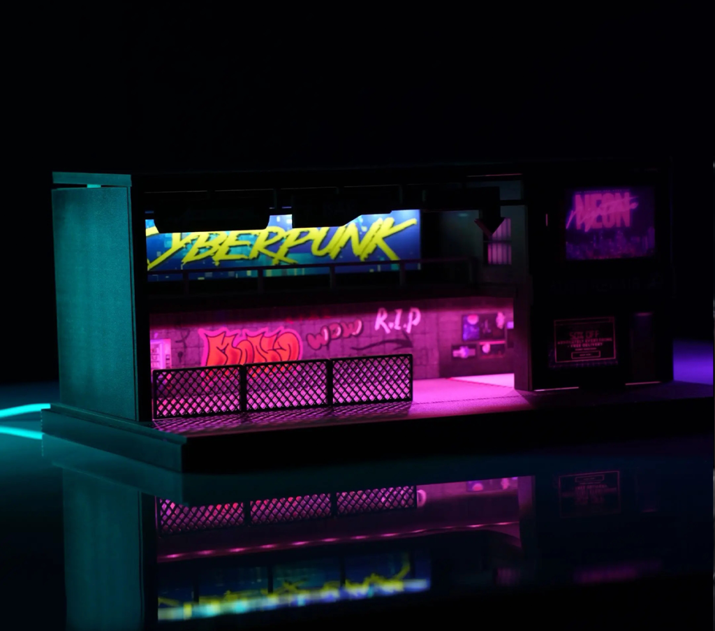 Neon light effect display of cyberpunk style model garage diorama