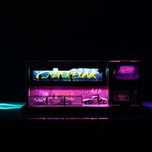 1:64 cyberpunk garage diorama overall view with LED neon lighting