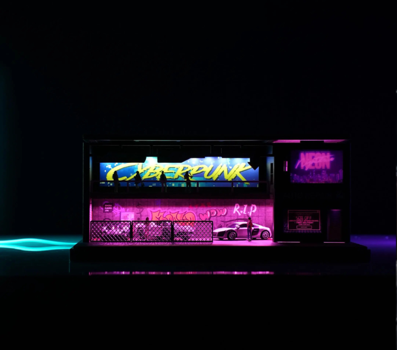 1:64 cyberpunk garage diorama overall view with LED neon lighting