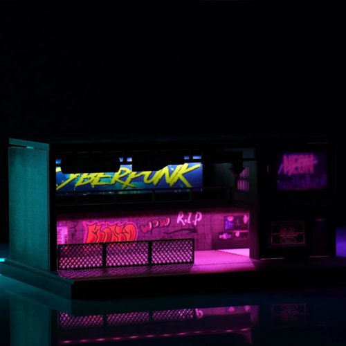 LED lighting detail close-up of cyberpunk garage diorama for car models