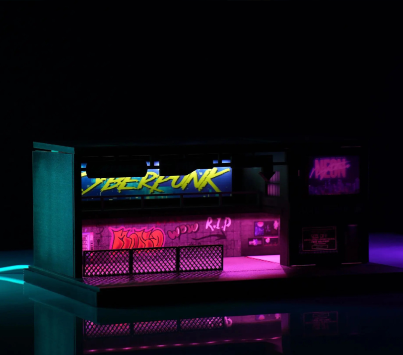 LED lighting detail close-up of cyberpunk garage diorama for car models