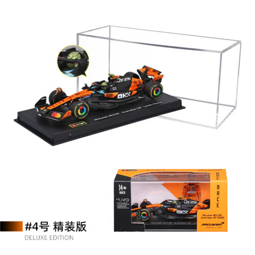 1:43 Bburago MCL39‑style formula die‑cast racing replica inside acrylic display case