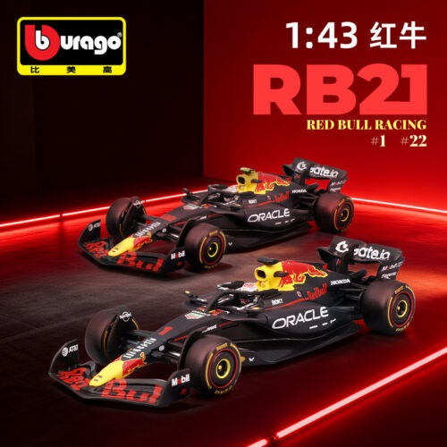Oblique view of 1:43 RB21‑style formula racing replica inside acrylic display case