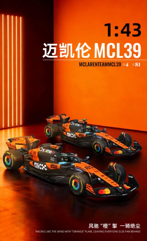 Tire and chassis detail close‑up of 1:43 Bburago MCL39‑style racing model