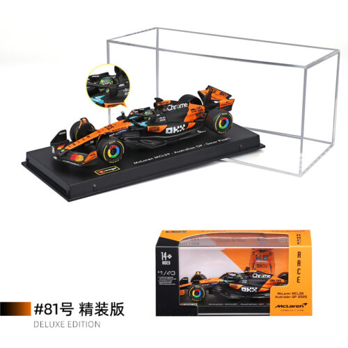 Oblique view of 1:43 Bburago MCL39‑style formula collectible racing replica in showcase