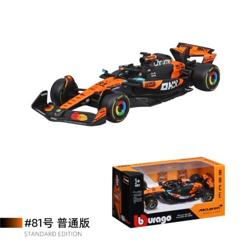 Oblique side view of 1:43 Bburago MCL39‑style formula collectible racing replica