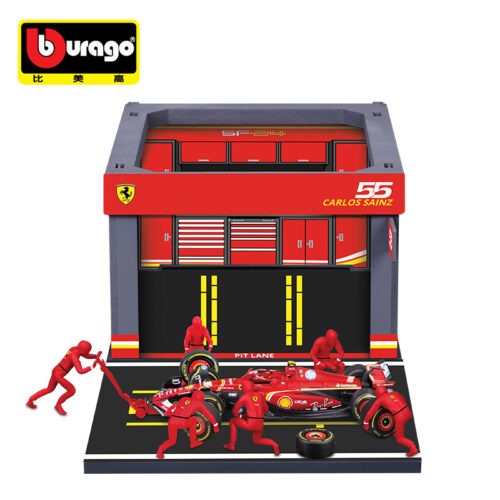 Oblique view of 1:43 Bburago pit‑stop repair station die‑cast set