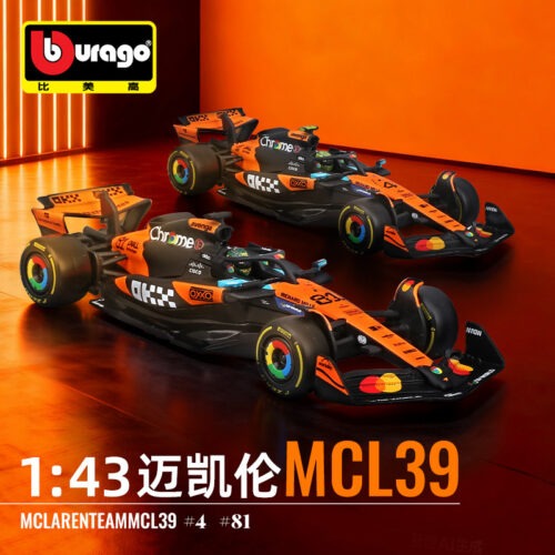 Oblique view of 1:43 Bburago MCL39‑style formula collectible racing replica in showcase