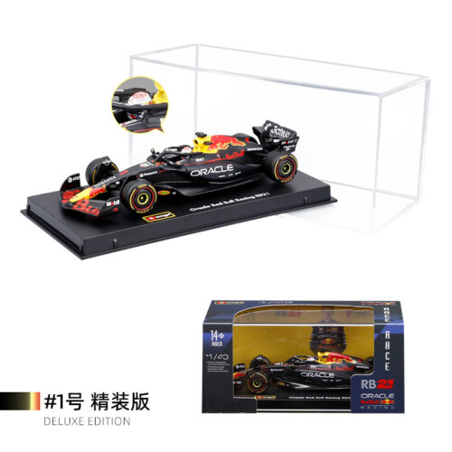 1:43 RB21‑style formula die‑cast racing replica with acrylic display case retail package