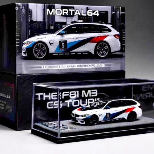F81 M3 GT4 CS Touring diecast car in garage scene diorama, 1/64 scale