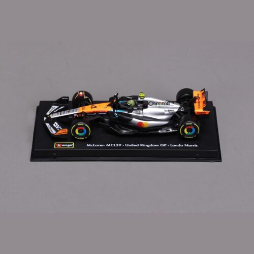 Full‑body shot of 1:43 Bburago MCL39‑style formula die‑cast collectible replica