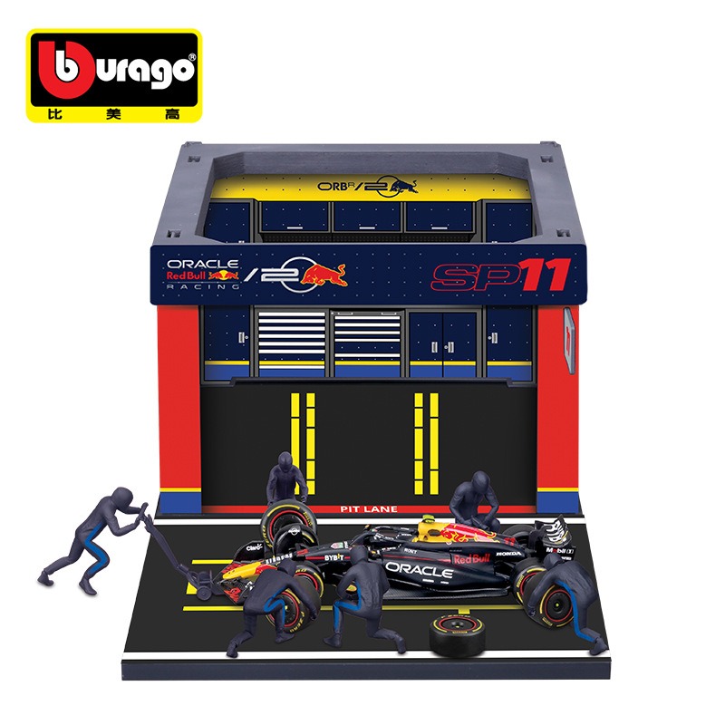 Display effect of die‑cast race car placed on Bburago 1:43 pit‑stop station