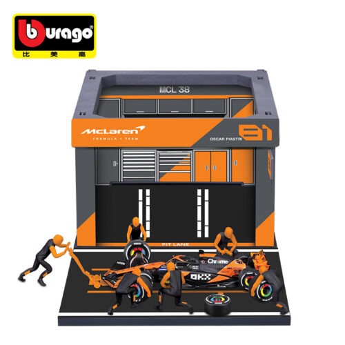 Multi‑angle collage for 1:43 Bburago pit‑stop diorama collectible set