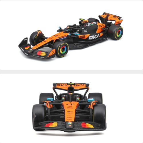 Full body shot of 1:43 Bburago MCL39‑style formula die‑cast collectible replica