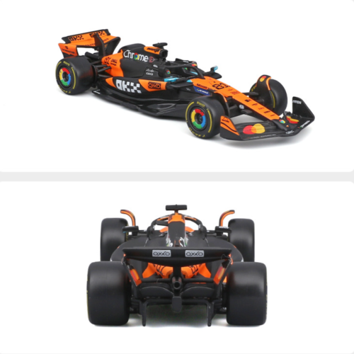 Rear wing detail close‑up of 1:43 Bburago MCL39‑style formula racing replica