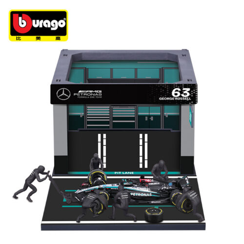 Top‑down full view of 1:43 Bburago pit‑stop garage collectible playset