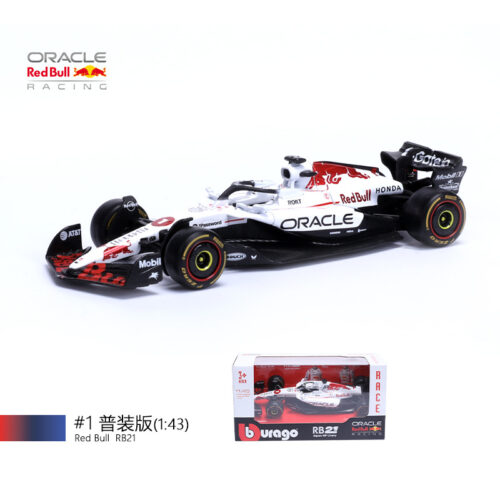 Close‑up view of front body and tire details on 1:43 RB21‑style racing replica